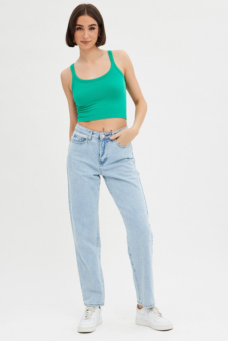 Green Tank Top Top Round Neck