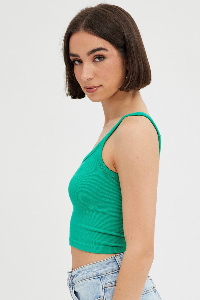 Green Tank Top Top Round Neck