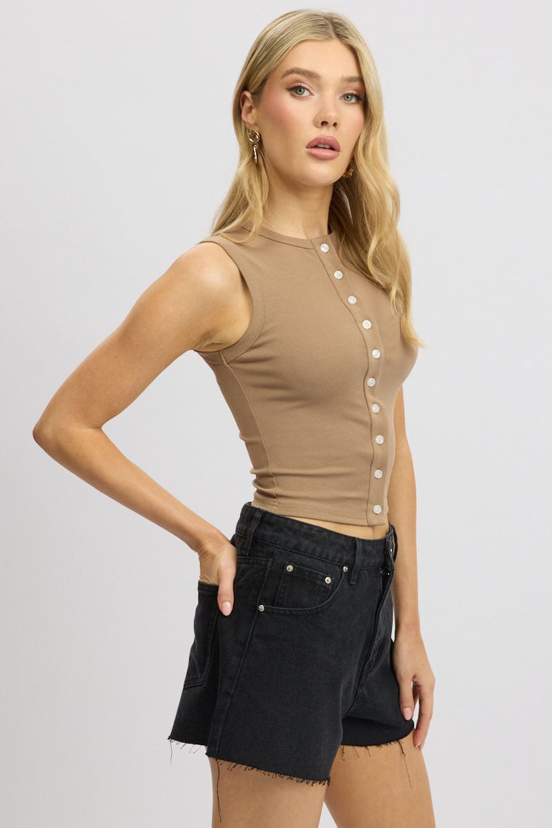 Brown Button Front Top Sleeveless