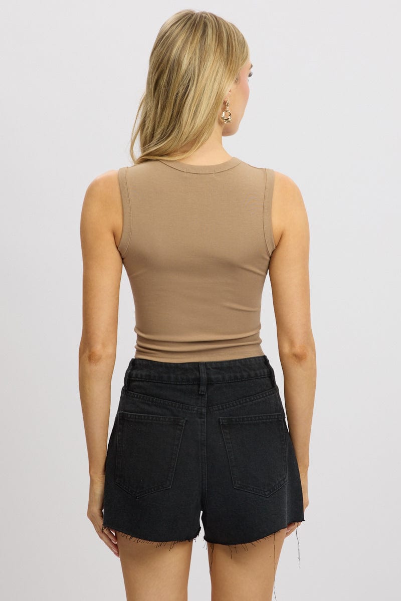 Brown Button Front Top Sleeveless