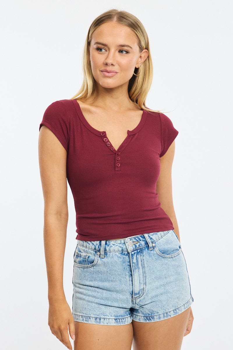 Red Button Down T-Shirt Short Sleeve Rib