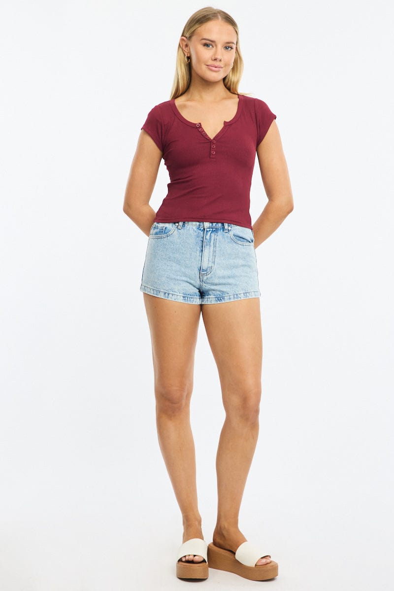 Red Button Down T-Shirt Short Sleeve Rib