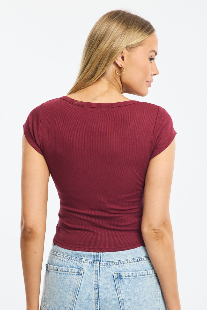Red Button Down T-Shirt Short Sleeve Rib