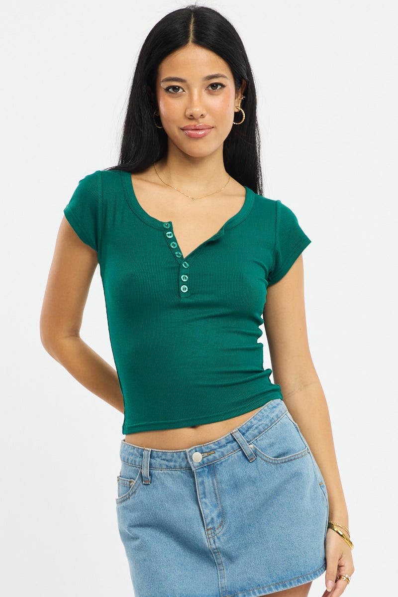 Green Button Down T-Shirt Short Sleeve Rib