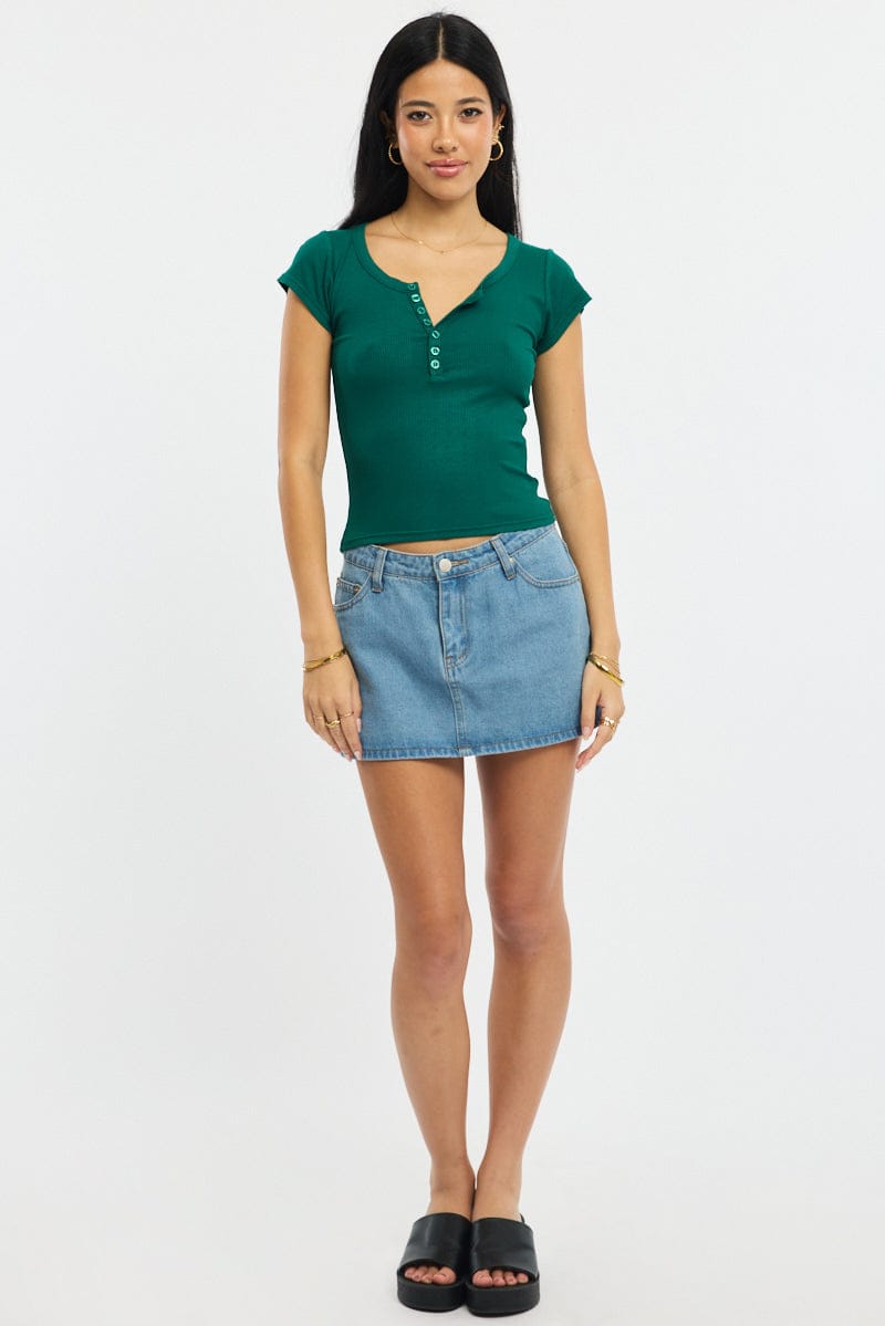Green Button Down T-Shirt Short Sleeve Rib
