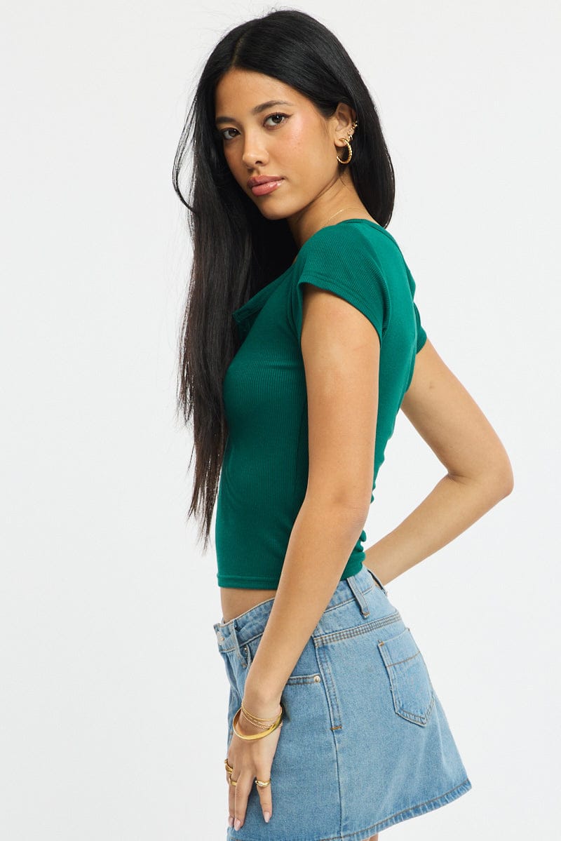Green Button Down T-Shirt Short Sleeve Rib