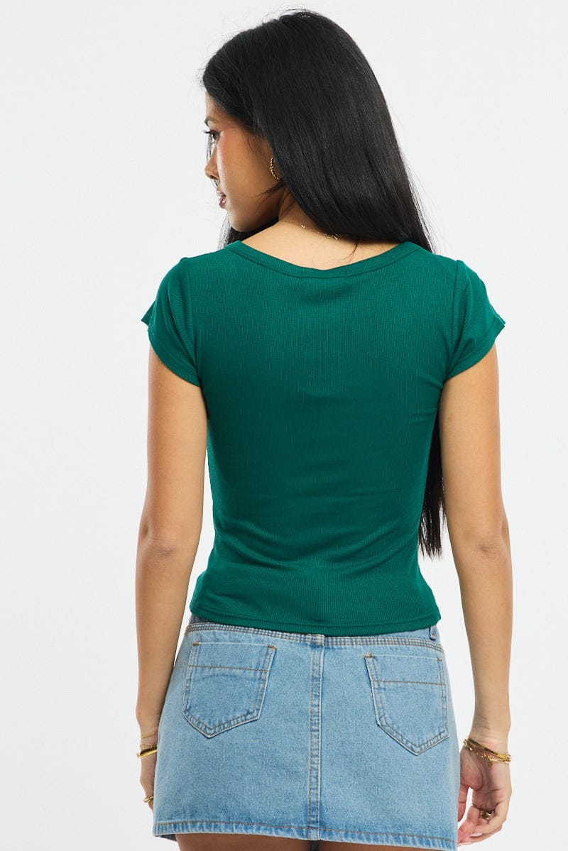 Green Button Down T-Shirt Short Sleeve Rib