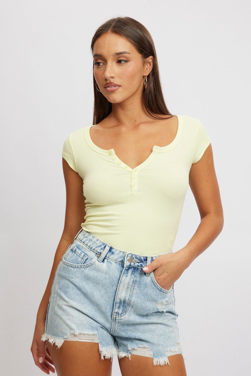 Yellow Button Down T-Shirt Short Sleeve Rib