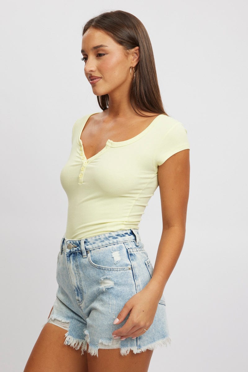 Yellow Button Down T-Shirt Short Sleeve Rib