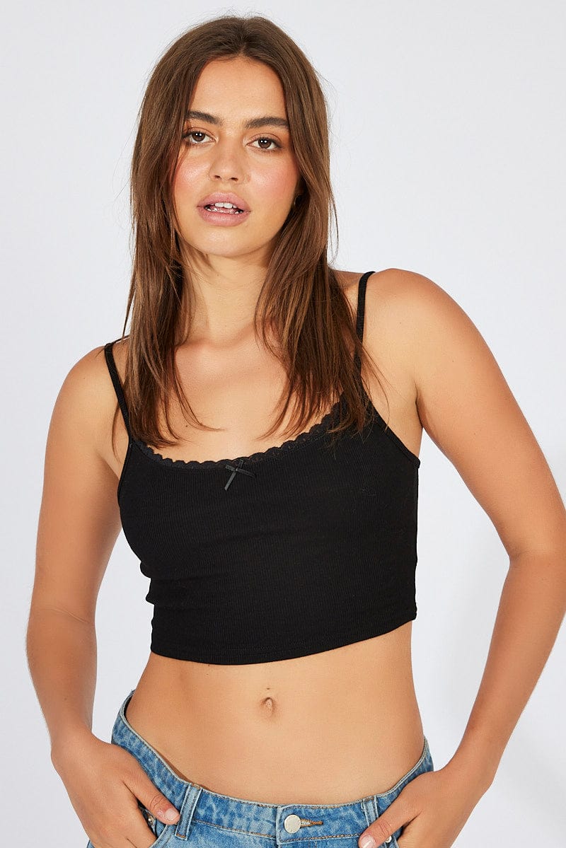 Black Tank Top Top Lace Trim Cropped