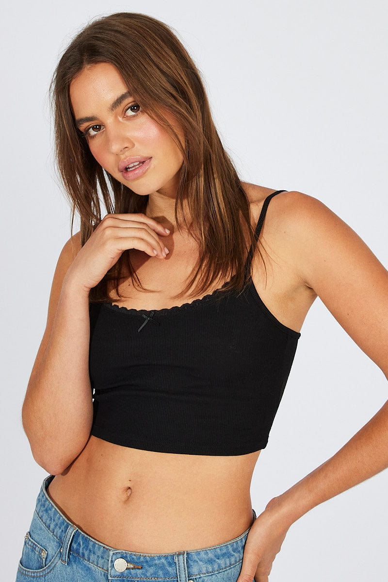 Black Tank Top Top Lace Trim Cropped