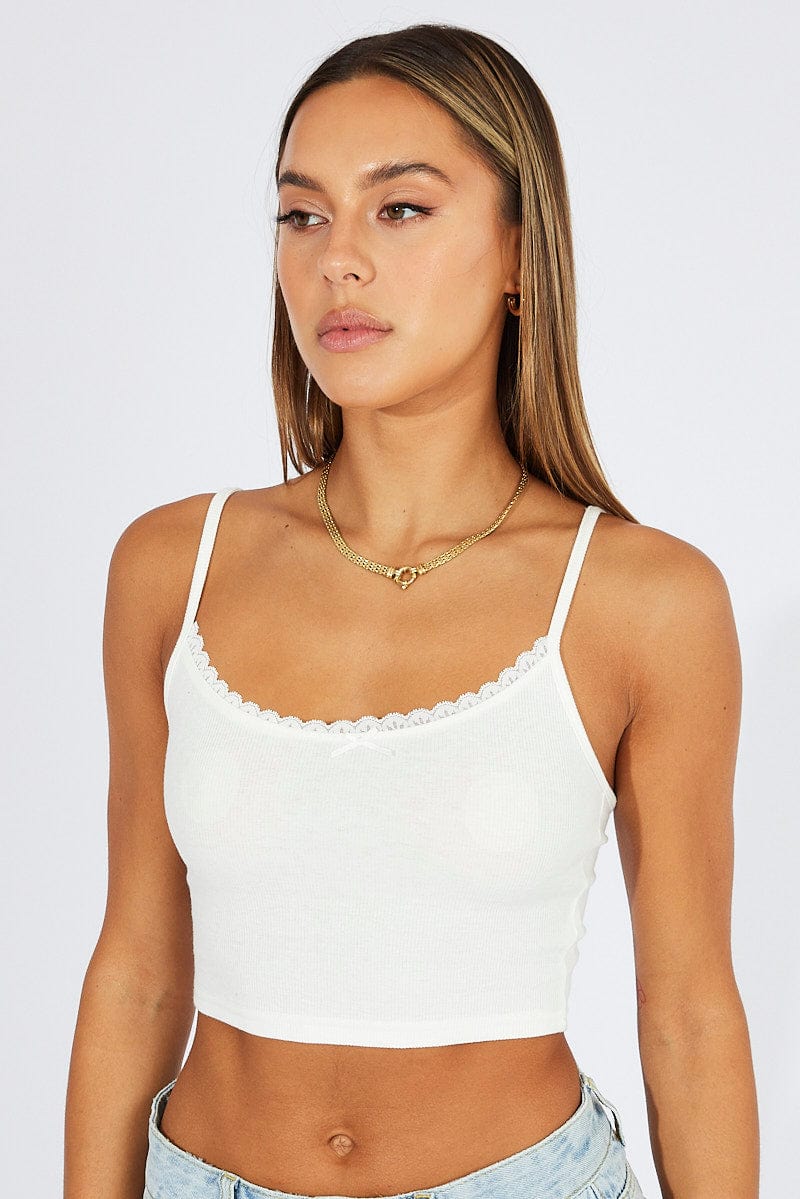 White Tank Top Top Lace Trim Cropped