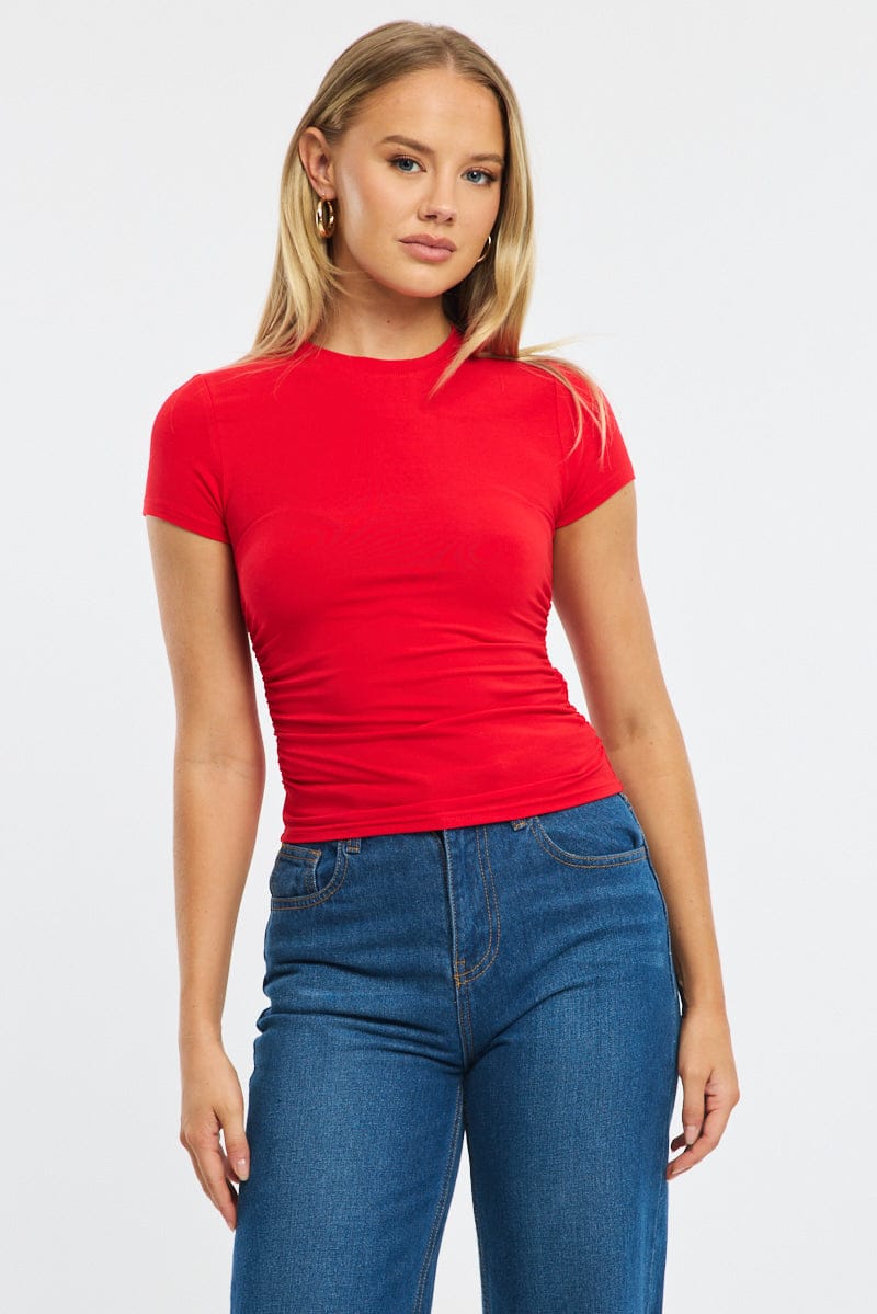 Red T-Shirt Short Sleeve Crew Neck Modal