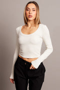 White T Shirt Long Sleeve Scoop Neck Rib