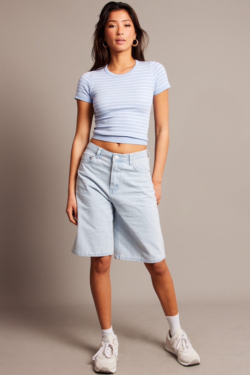 Blue Stripe T Shirt Short Sleeve Crew Neck