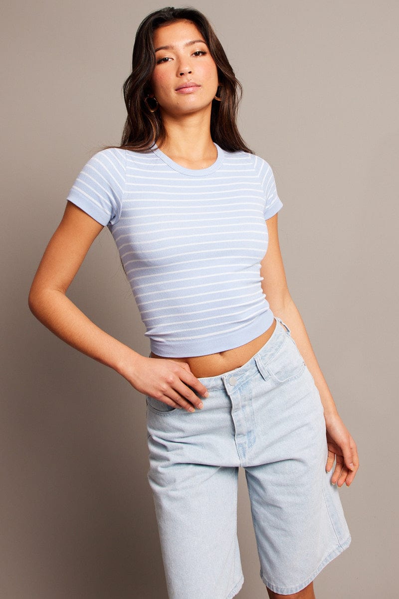 Blue Stripe T Shirt Short Sleeve Crew Neck