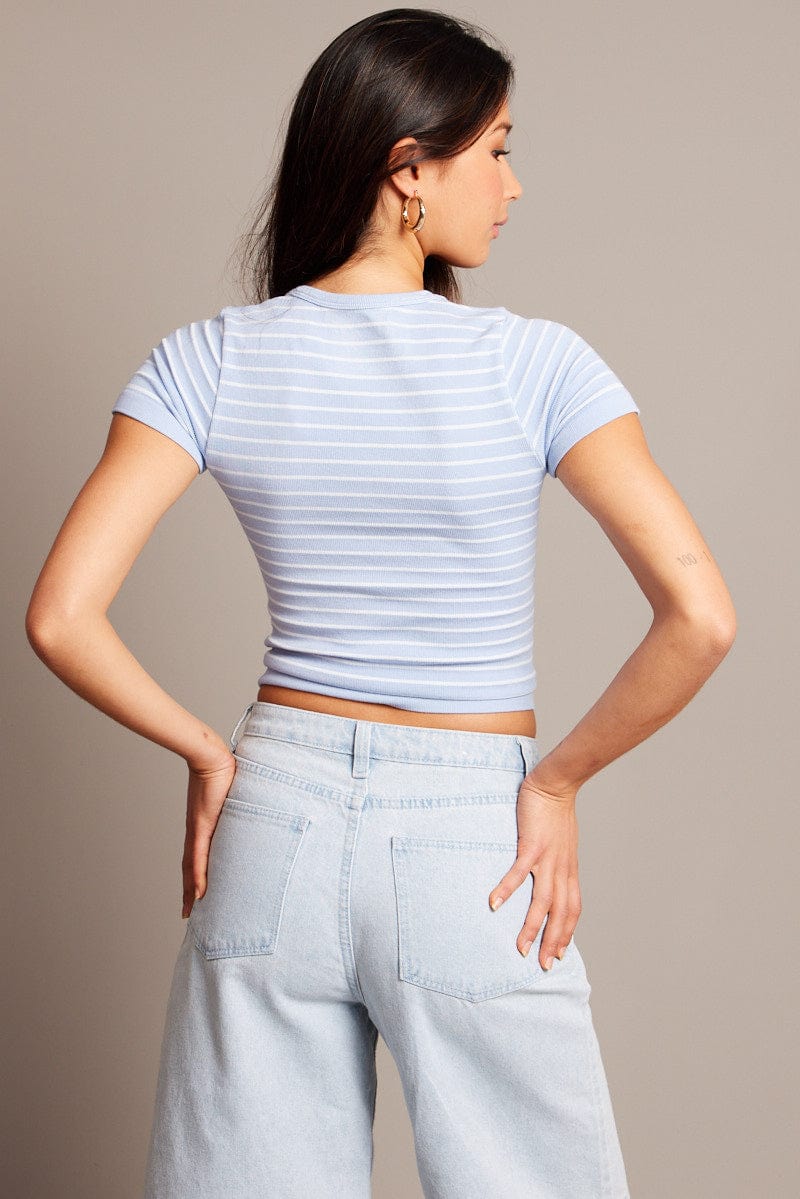 Blue Stripe T Shirt Short Sleeve Crew Neck
