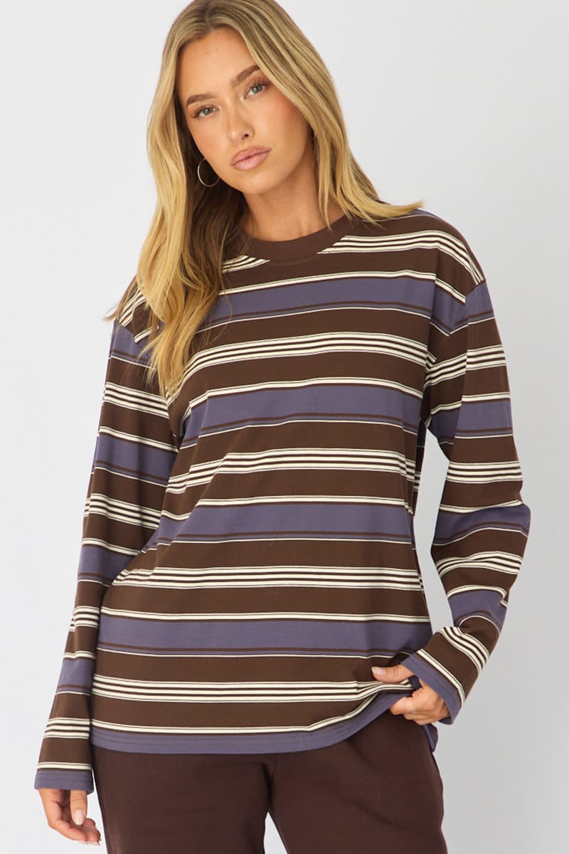 Brown Stripe Long Sleeve Oversized Stripe Shirt