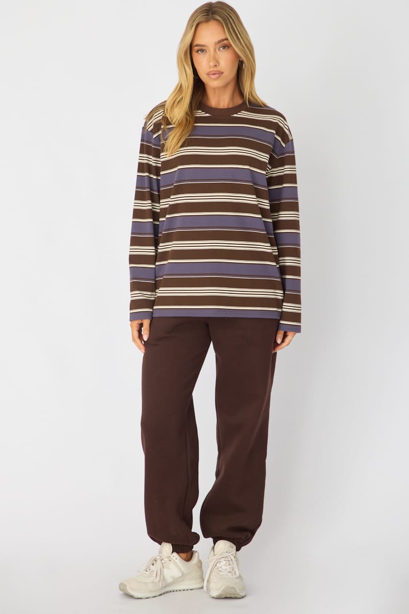 Brown Stripe Long Sleeve Oversized Stripe Shirt