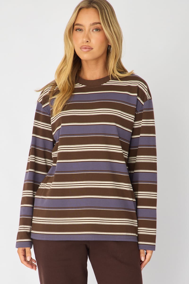 Brown Stripe Long Sleeve Oversized Stripe Shirt