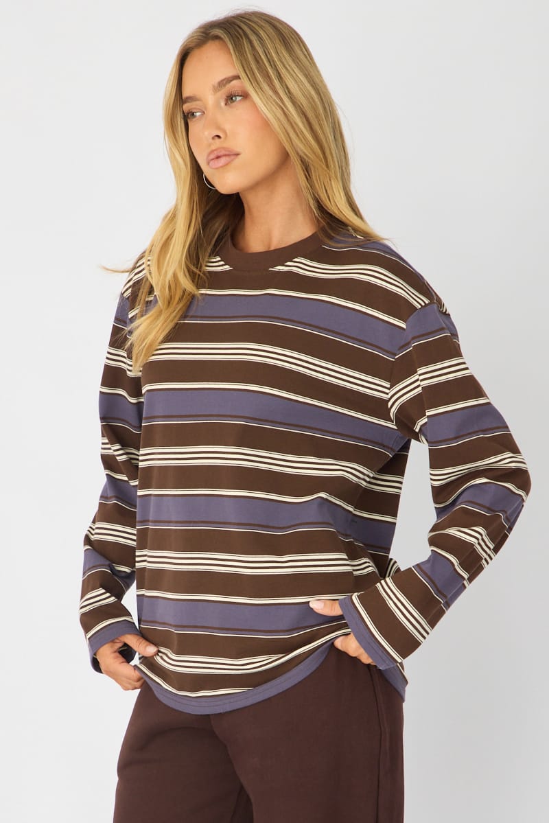 Brown Stripe Long Sleeve Oversized Stripe Shirt