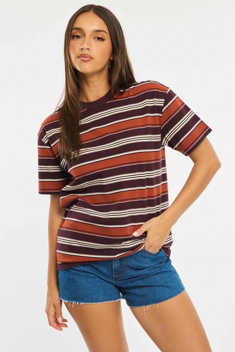 Brown Stripe Oversized T-Shirt Short Sleeve