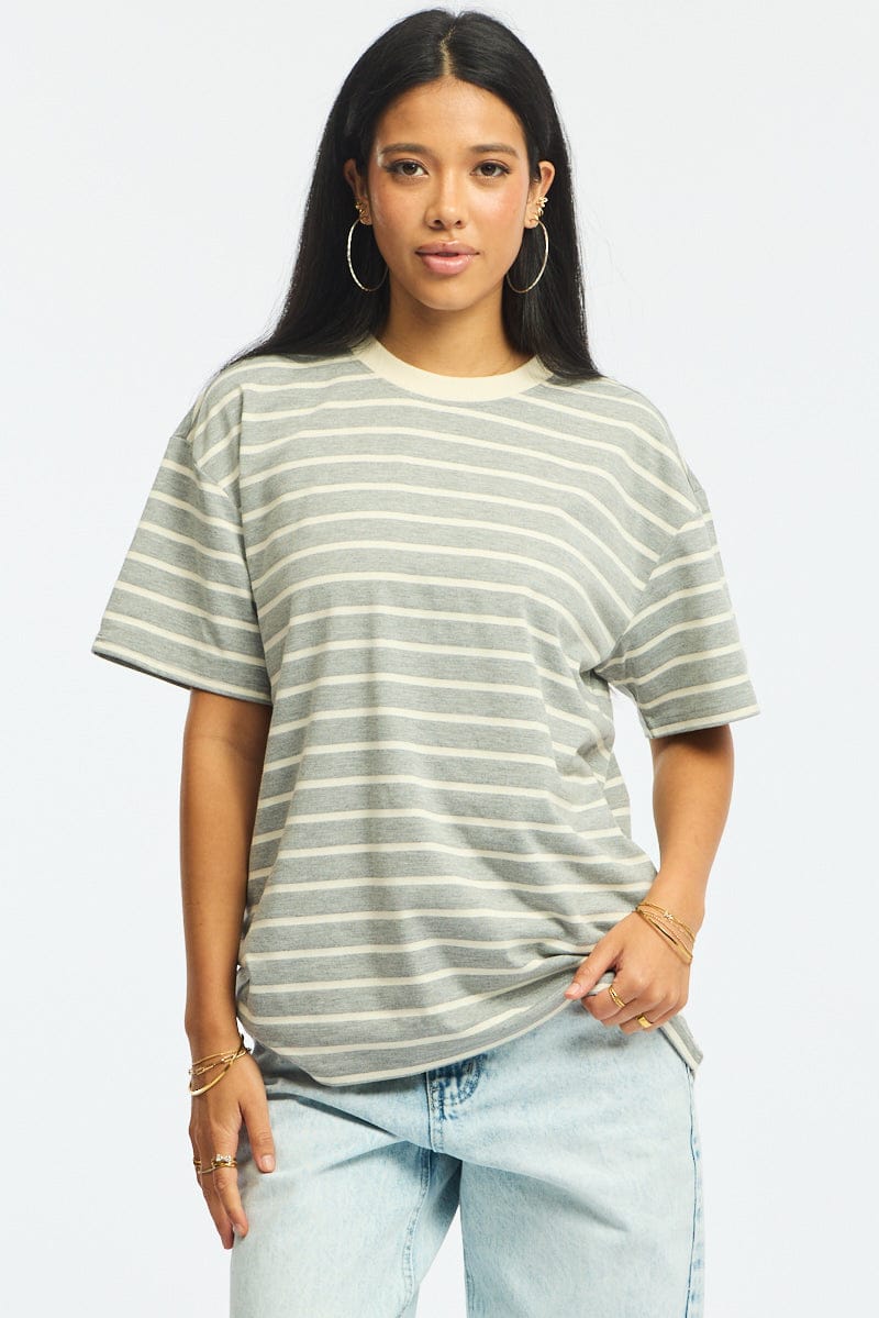 Grey Stripe Oversized T-Shirt Short Sleeve