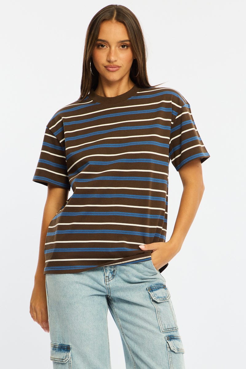 Brown Stripe Short Sleeve Oversized Stripe Tshirt