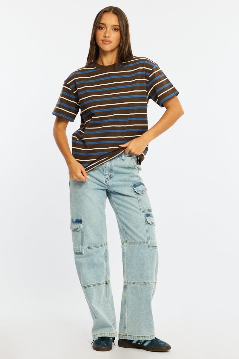 Brown Stripe Short Sleeve Oversized Stripe Tshirt