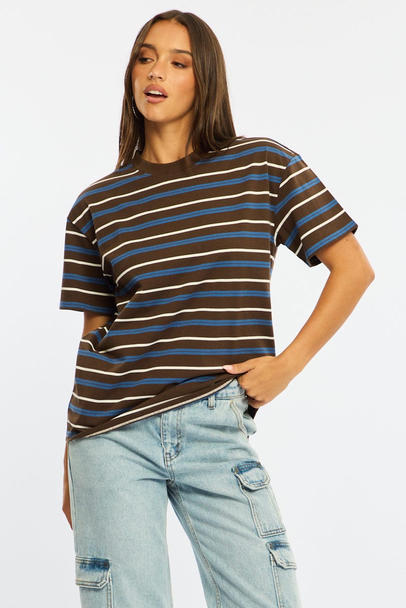 Brown Stripe Short Sleeve Oversized Stripe Tshirt