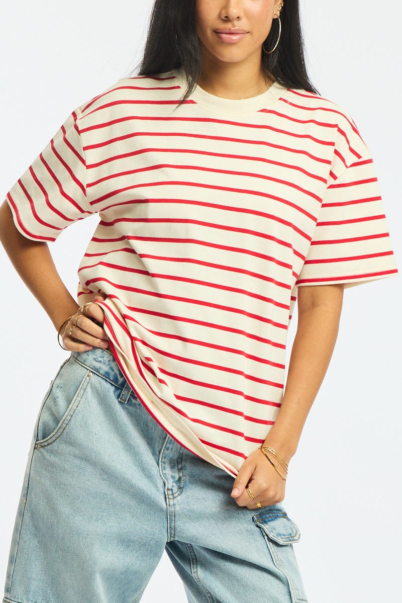 Red Stripe Oversized T-Shirt Short Sleeve