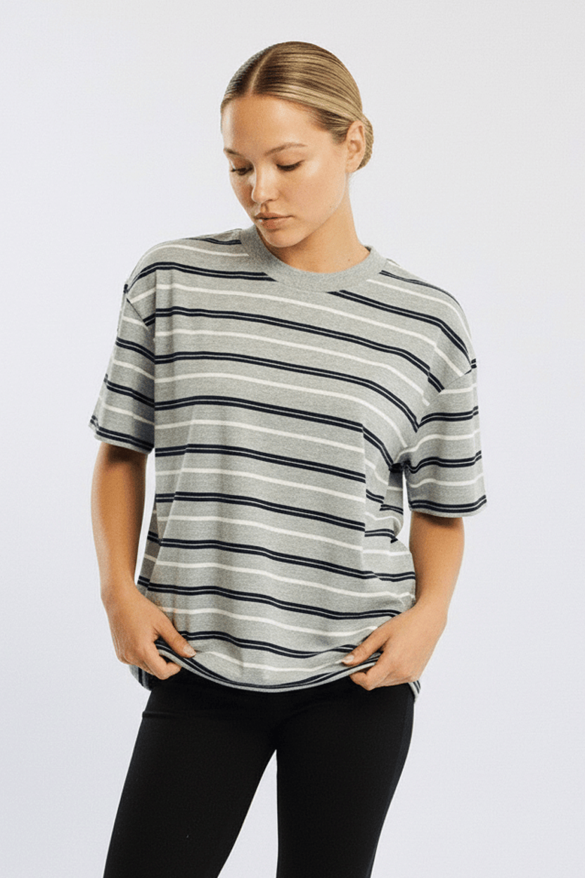Grey Stripe Short Sleeve Oversized Stripe Tshirt