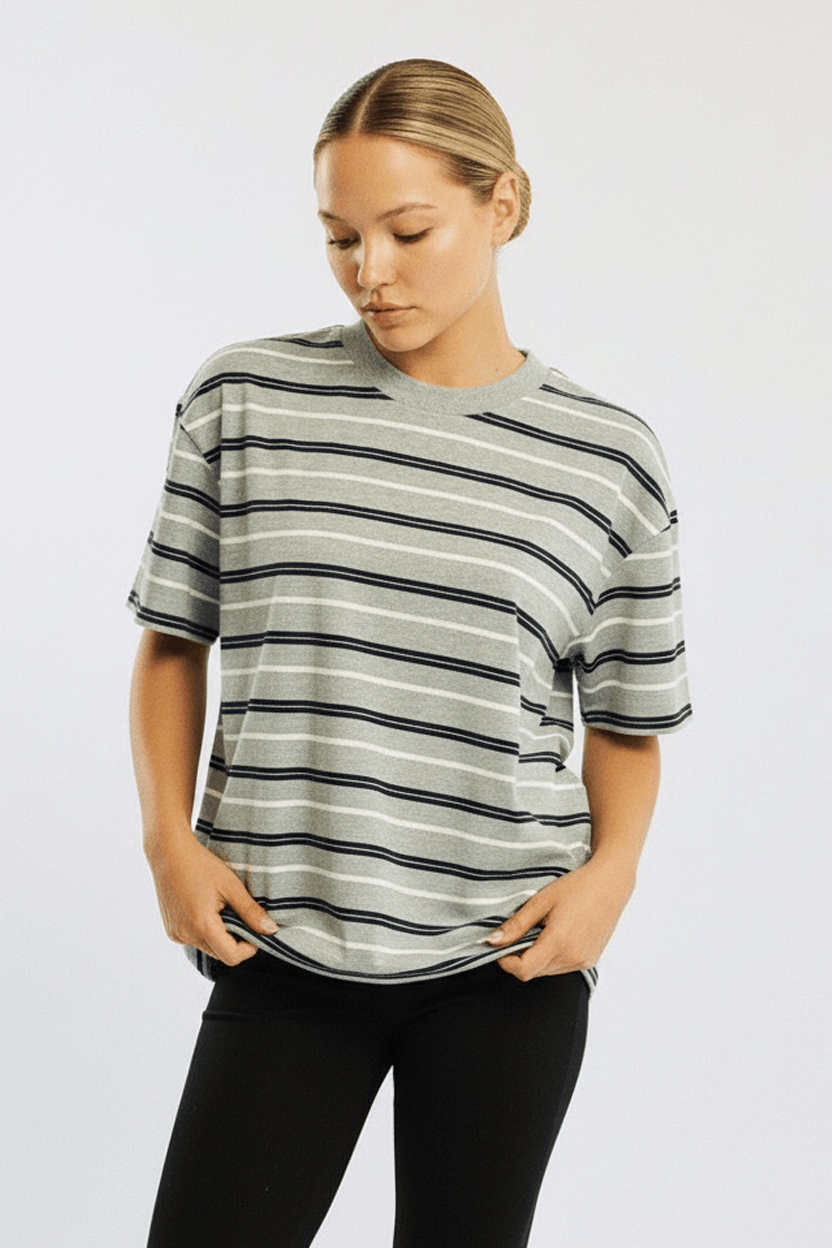 Grey Stripe Short Sleeve Oversized Stripe Tshirt