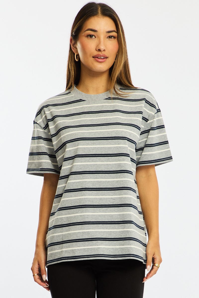 Grey Stripe Short Sleeve Oversized Stripe Tshirt