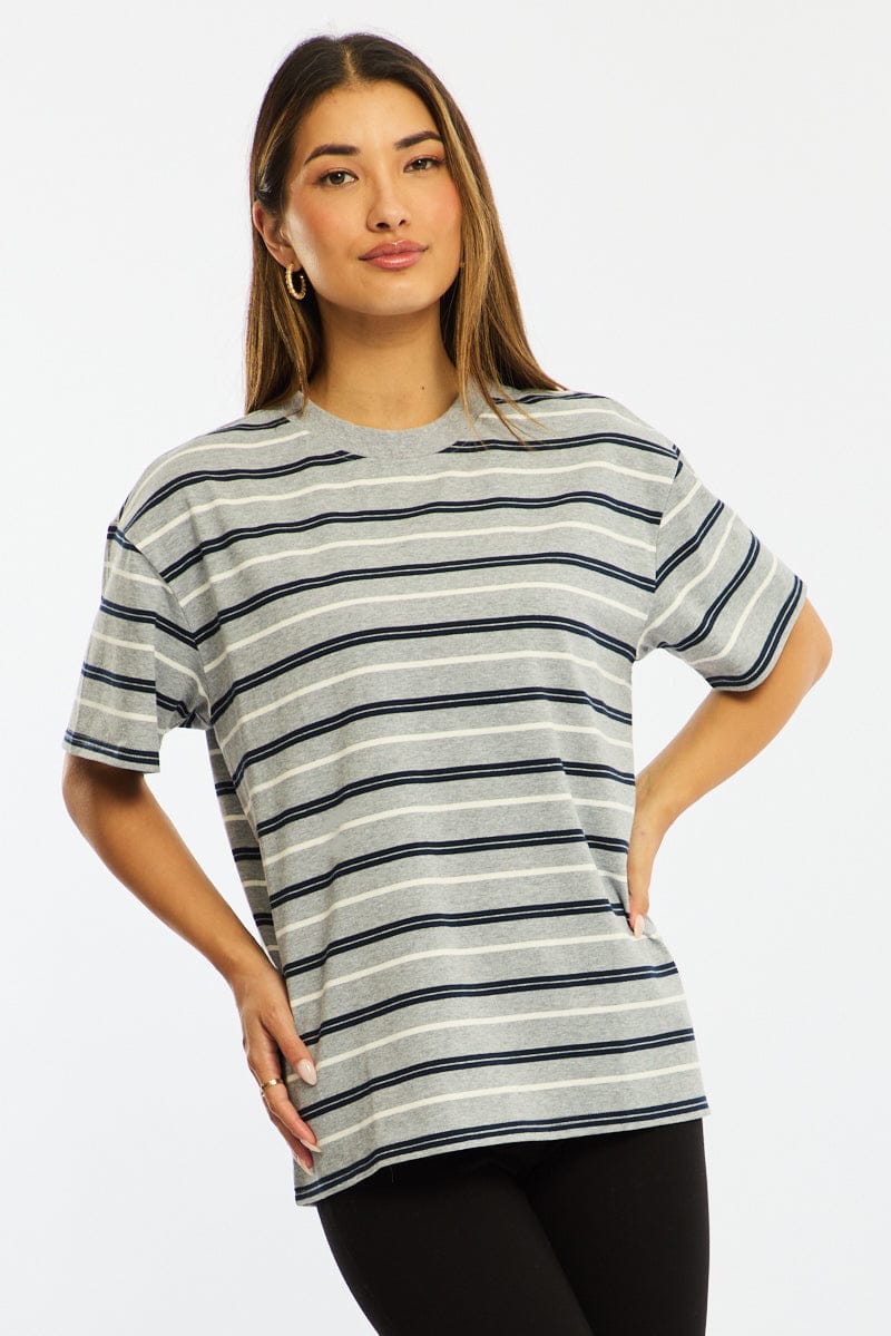 Grey Stripe Short Sleeve Oversized Stripe Tshirt