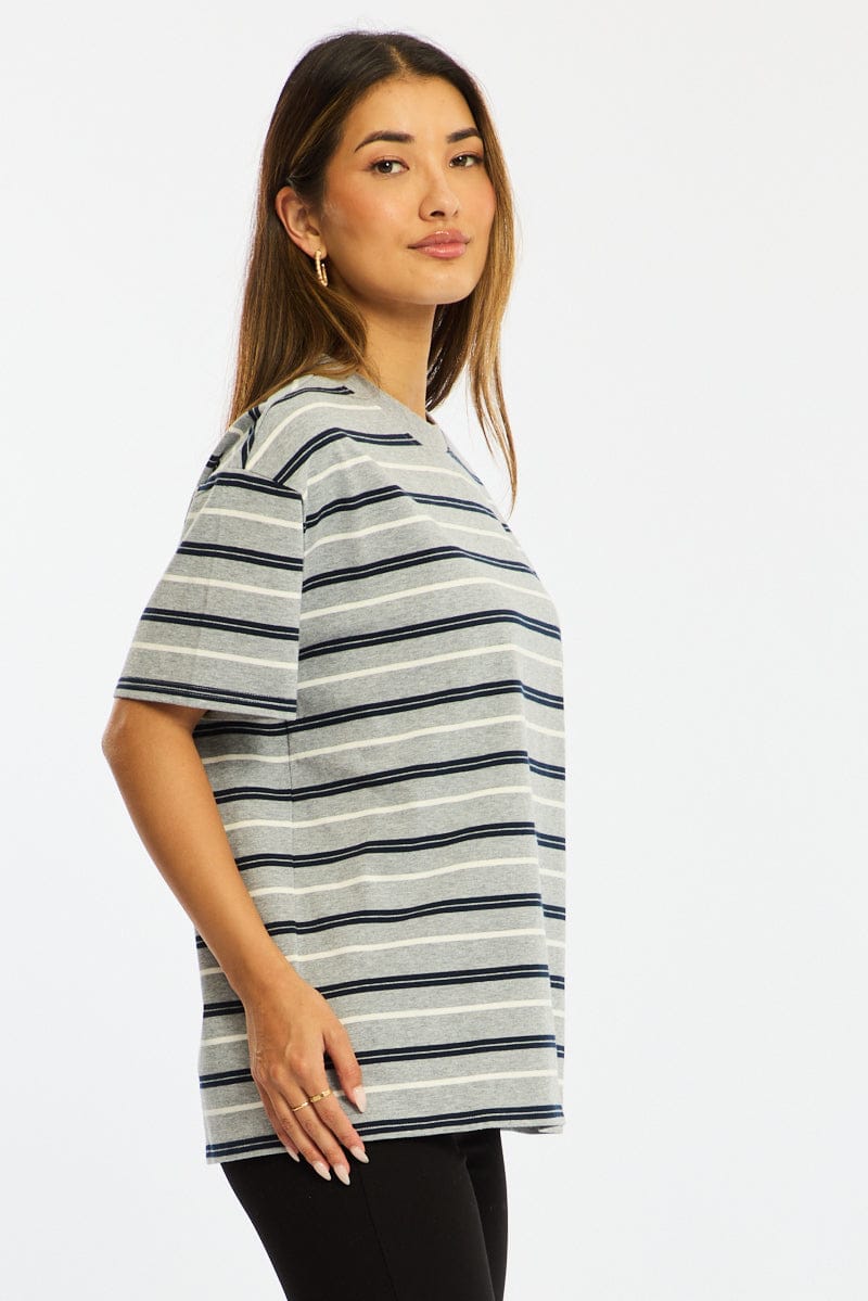 Grey Stripe Short Sleeve Oversized Stripe Tshirt