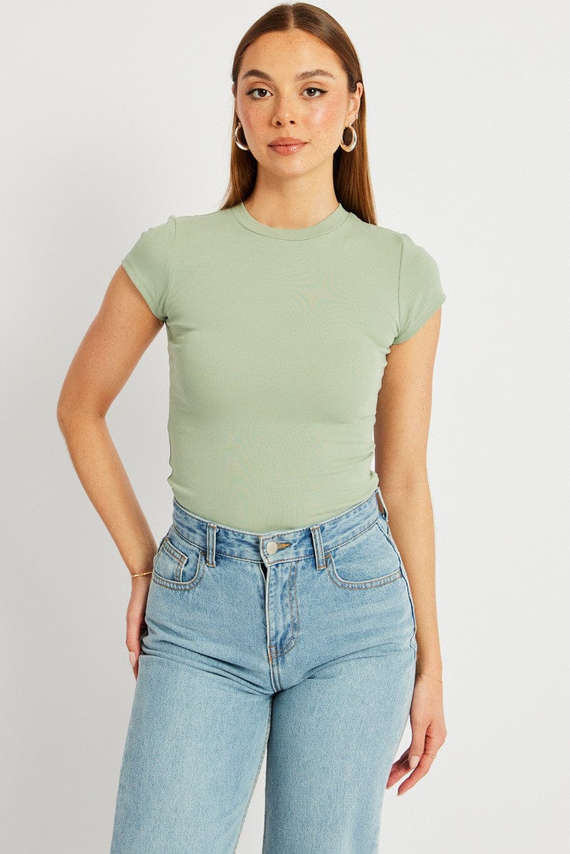 Green T Shirt Short Sleeve Crew Neck Cotton
