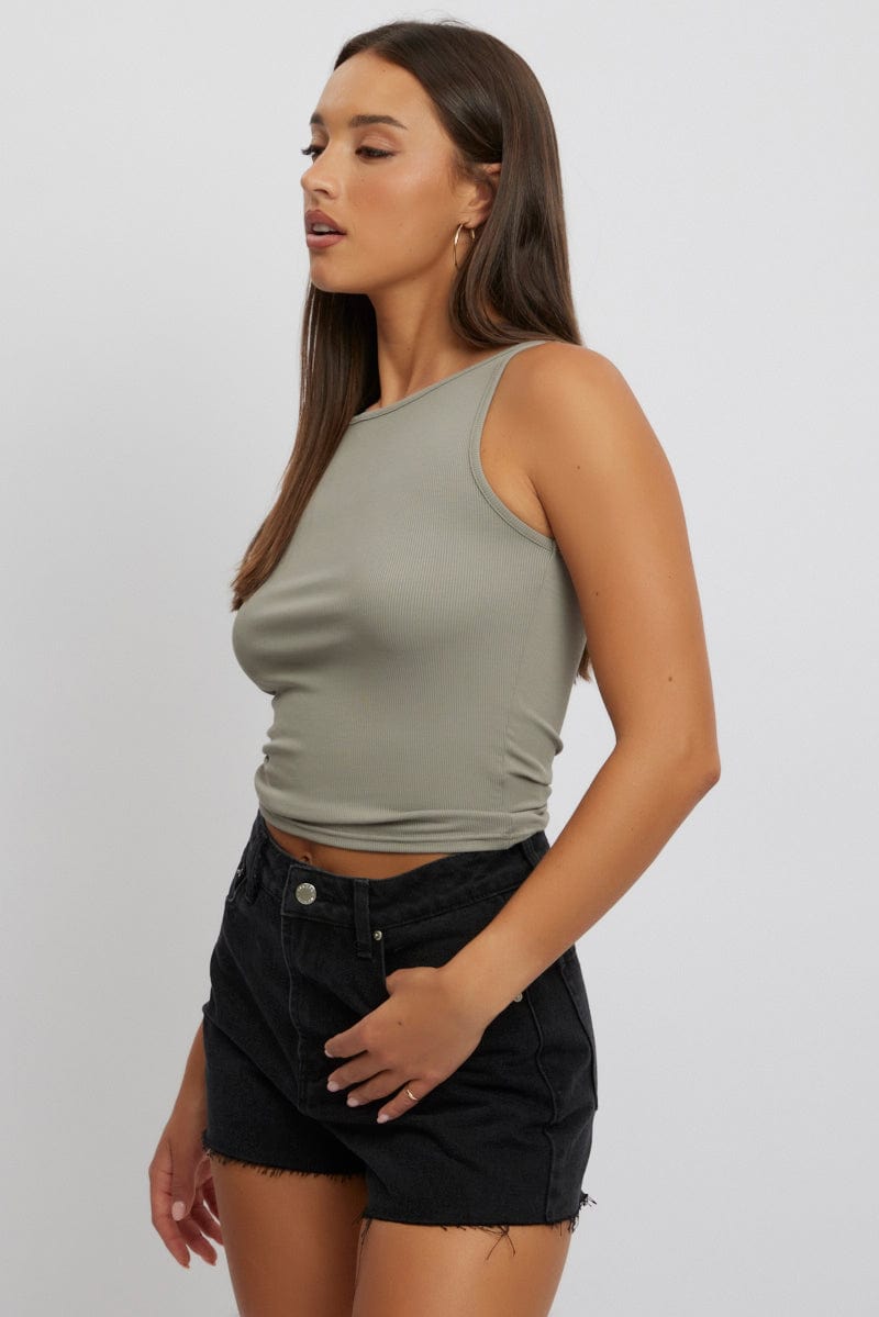 Green Boat Neck Tank Top Rib