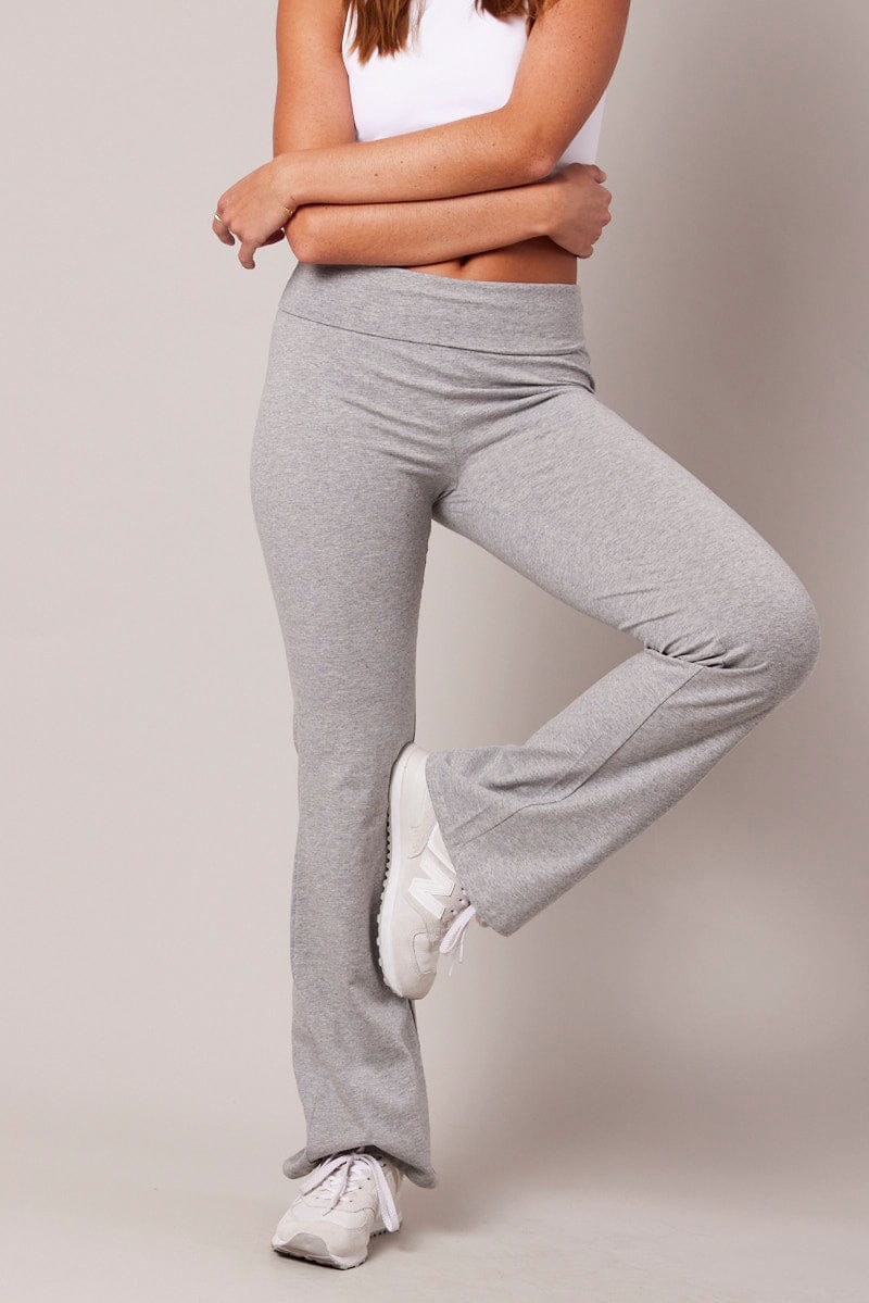 Grey Leggings Mid Rise Fold Over Waist Flared