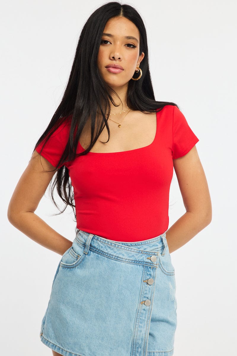 Red Supersoft Top Square Neck Short Sleeve