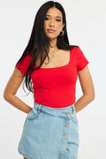 Red Supersoft Top Square Neck Short Sleeve