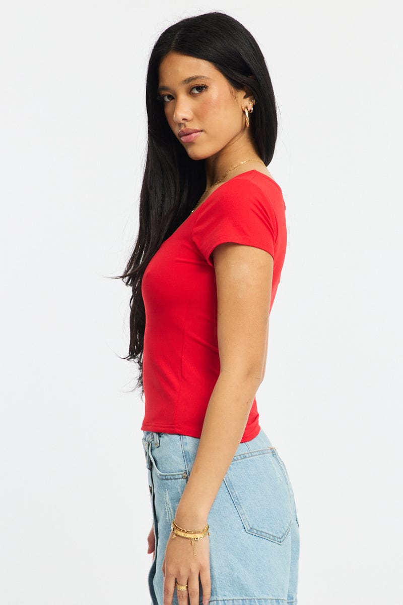 Red Supersoft Top Square Neck Short Sleeve