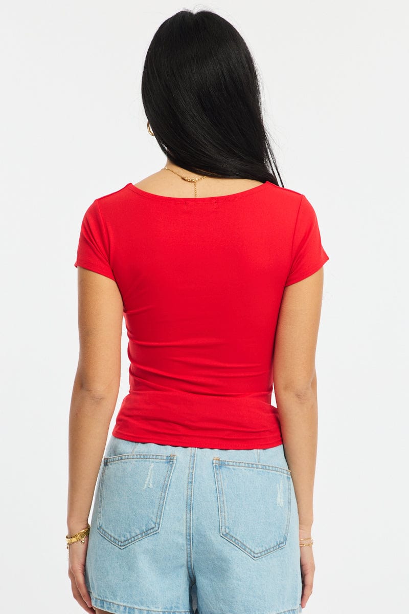 Red Supersoft Top Square Neck Short Sleeve