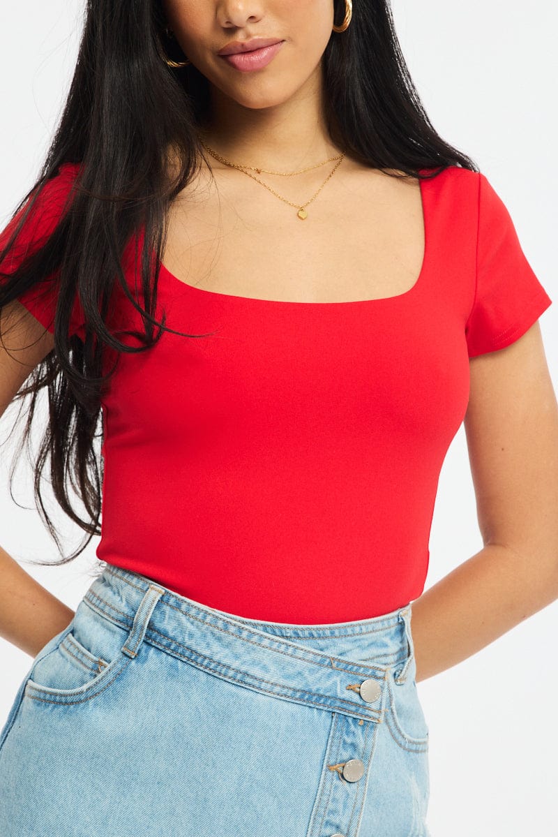 Red Supersoft Top Square Neck Short Sleeve