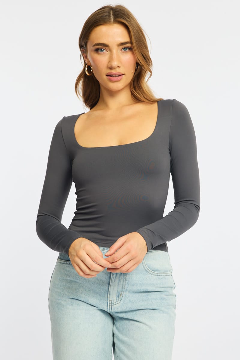Grey Supersoft Top Square Neck Long Sleeve