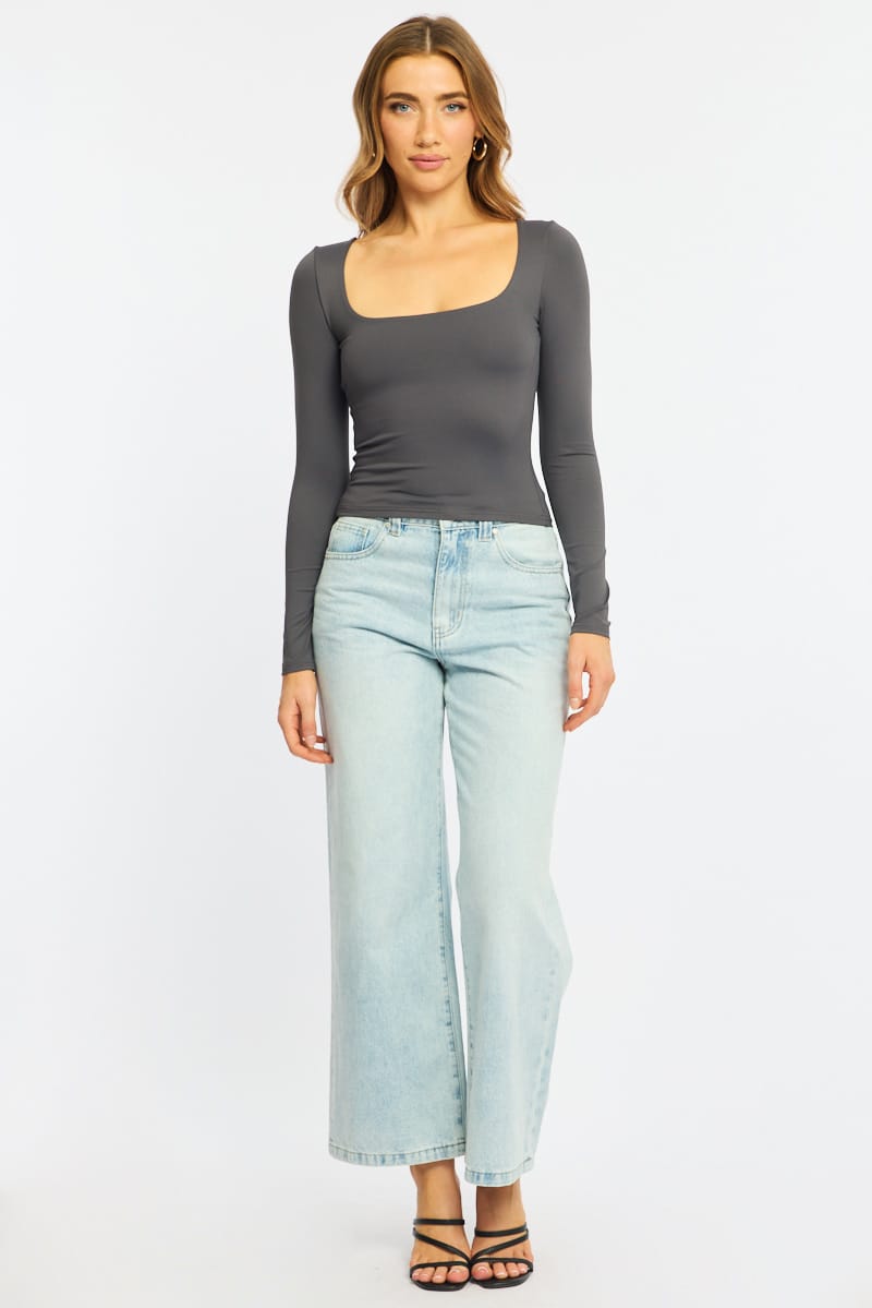 Grey Supersoft Top Square Neck Long Sleeve