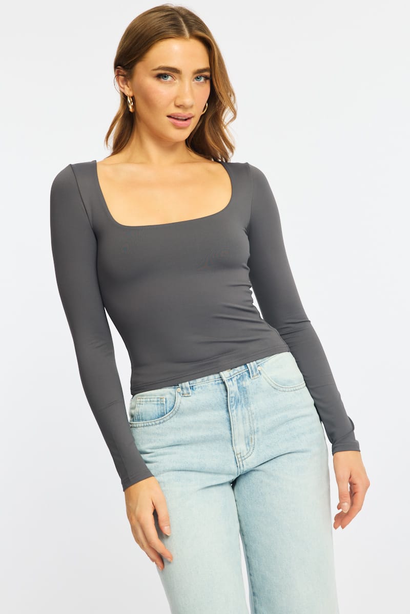 Grey Supersoft Top Square Neck Long Sleeve
