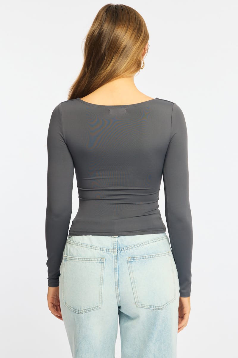 Grey Supersoft Top Square Neck Long Sleeve