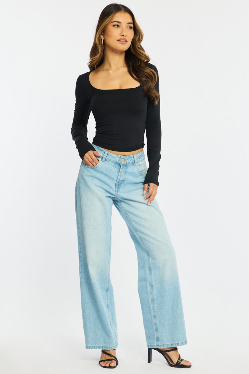 Black Long Sleeve Slim Fit Scoop Neck Top