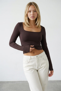 Brown Long Sleeve Slim Fit Scoop Neck Top